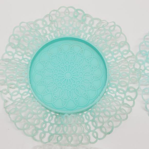 Vtg Teal Pink White Lace Lustro Ware Plastic 4 Coasters Holders Retro 1970's - Picture 4 of 16